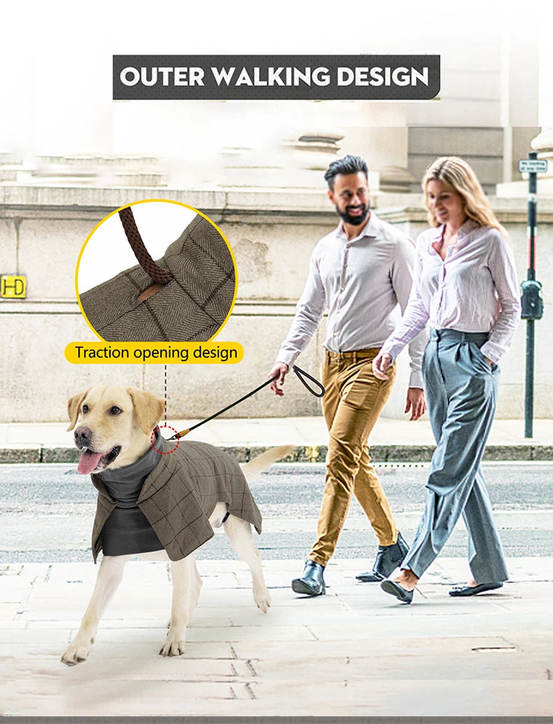 Thickened British Style Luxury Designer Dog Clothes High-neck Fashionable Plaid Dog Jacket with Leash Hook Large Dogs Dresses