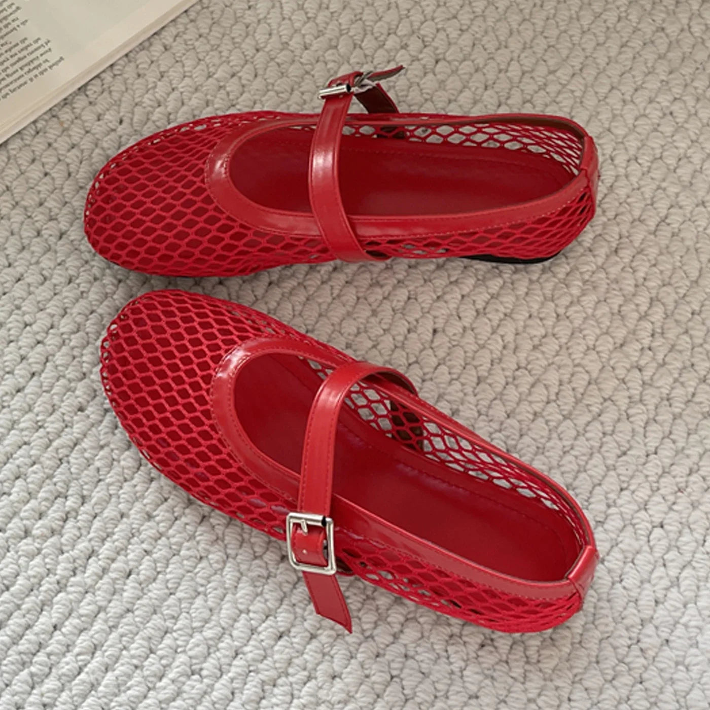 Aneikeh BIG Size 35-43 Jelly Color Fishing Ballet Dance Women's Mesh Buckle Flat Hollow Out Retro Mary Jane Shoes