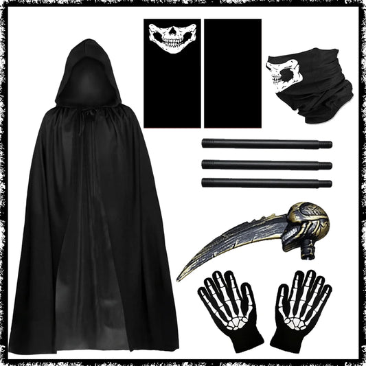 Death Cloak Suit Halloween Cosplay Costume Grim Reaper Prop Ghost Head Scythe Skull Scarf Glove Adult Kids Halloween Decoration
