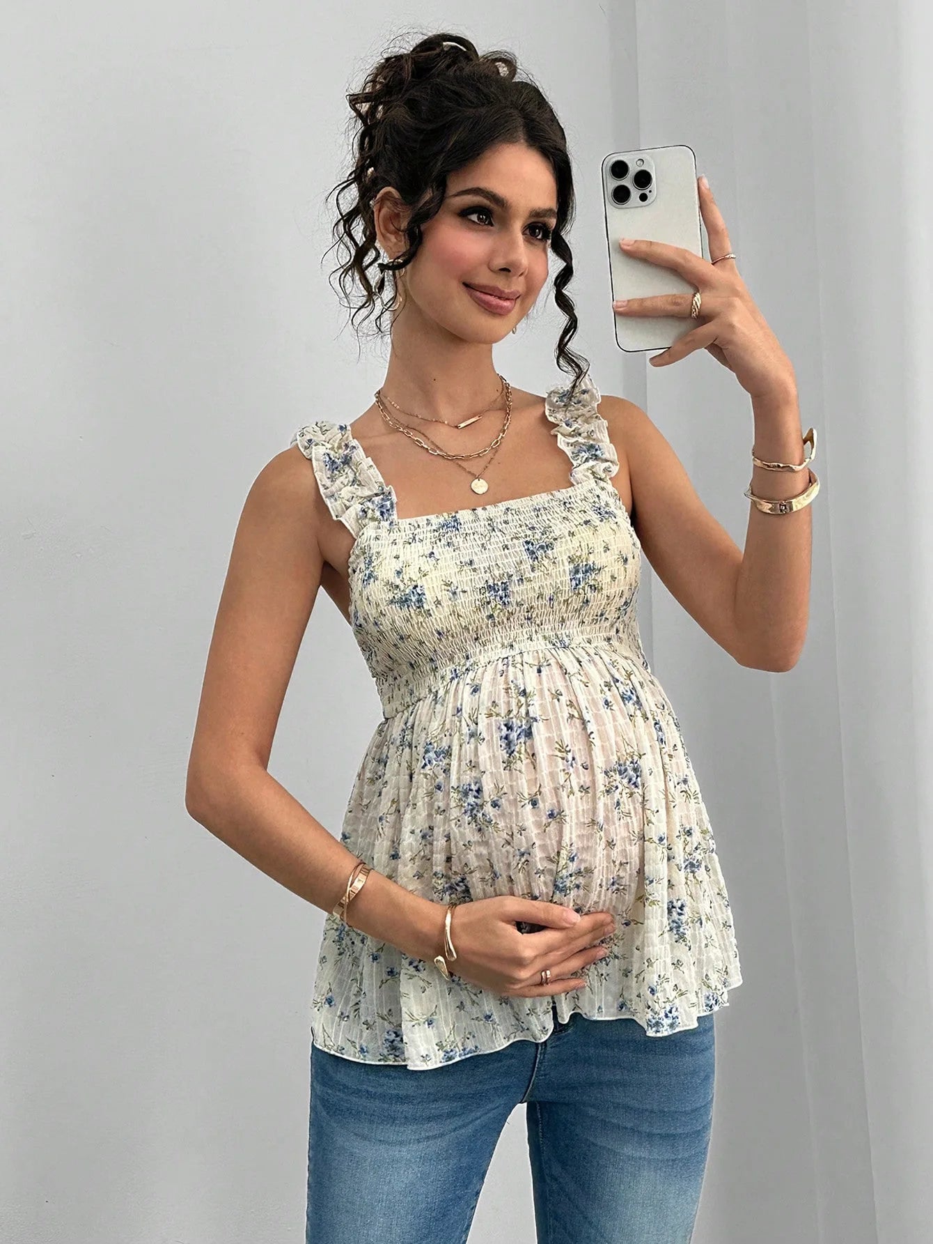Maternity Clothing Spring and Summer New Printed Suspenders Maternity Top Square Collar A Word Maternity Vest Pregnancy Shirt