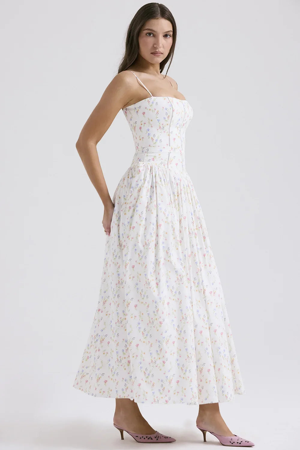 Elegant Fairylike French Style Gentle Floral Print Strapless Midi Dress Slimming Women's Fashion High End Feeling Dress