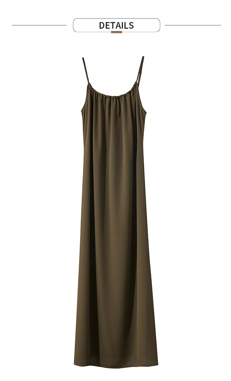 AMII Minimalist Office Lady Dress Women 2025 Summer Female Sleeveless U-neck Solid Adjustable Shoulder Strap Dresses 12542192