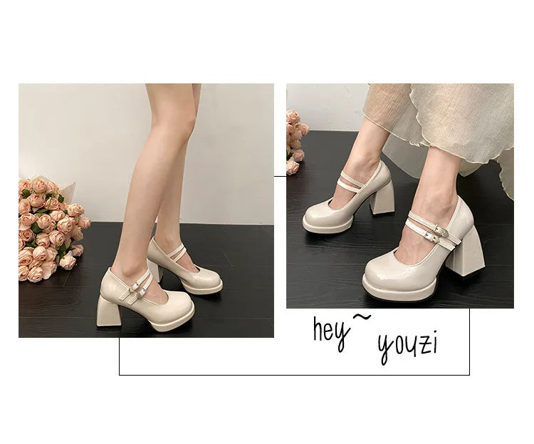 Women Chunky Heels Mary Jane Shoes Princess Spring New Fashion Platform Comfortable Black Soft Anti-slippery Dress Leather Shoes