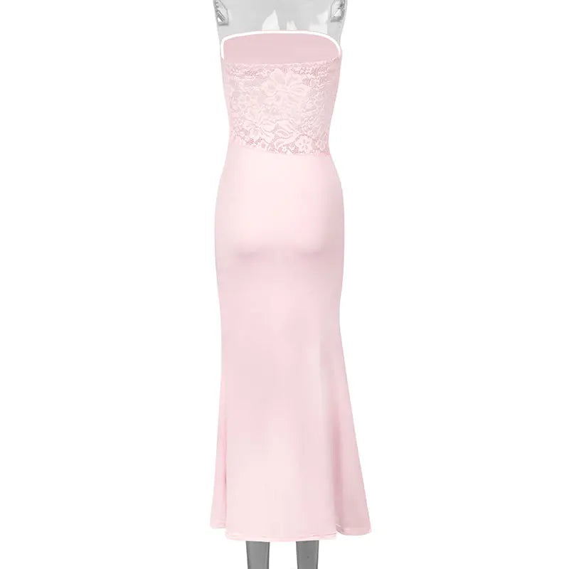 Summer New Women Maxi Dresses Pink Sexy Lace Sweet Sleeveless Backless Dress Streetwear Fashion Casual Slim Lady Dress Clothing