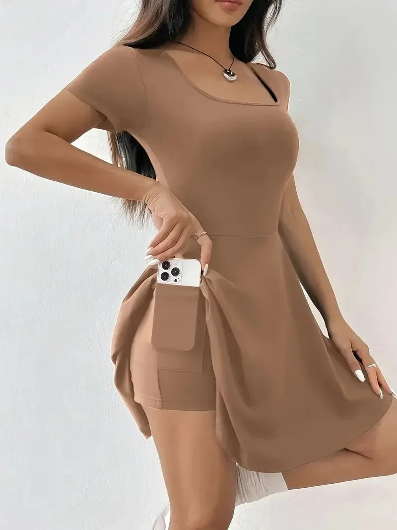 Summer 2025 Brown Knitted Short Casual Dress Mini Skirt Length Polyester Fiber Square Collar Empire Waistline Regular Sleeve