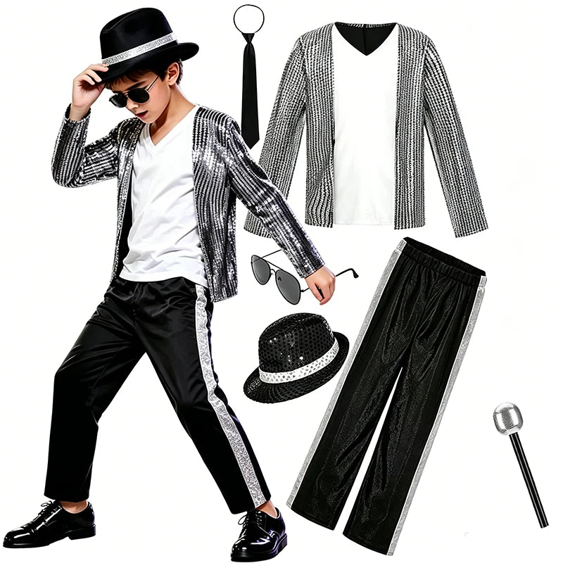 Kids Boys Michael Jackson Cosplay Costume With Accessories King Of Pop 80s Outfit Halloween Carnival Dance Fancy Dress Up