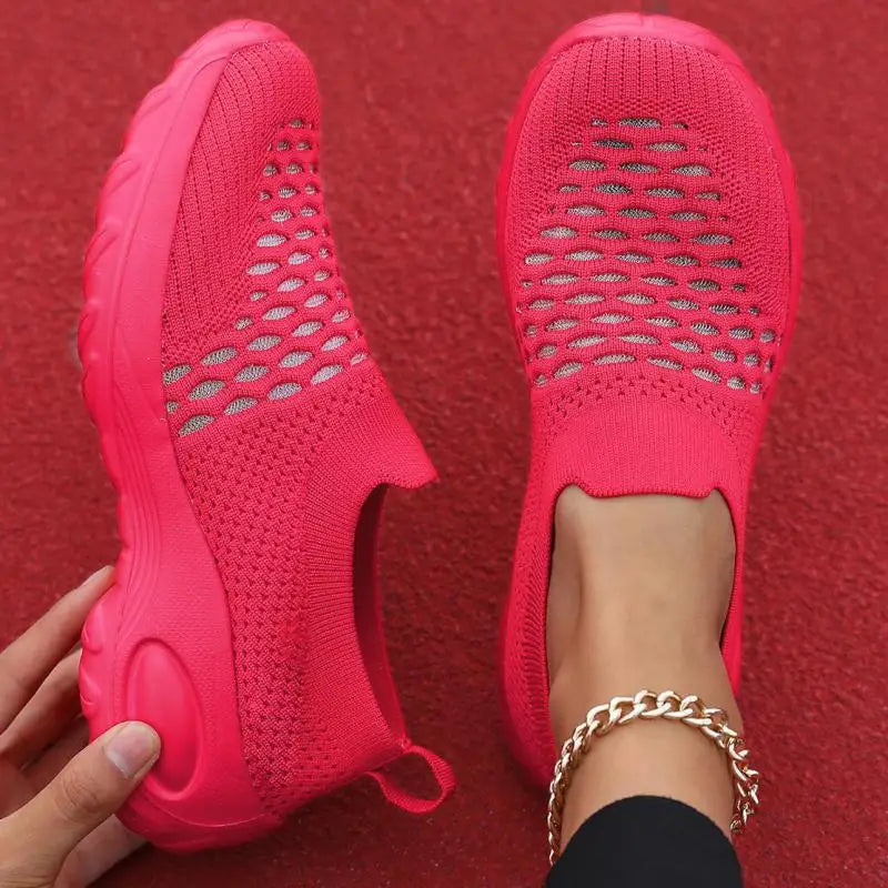 Women's Pink Casual Shoes Breathable Mesh Platform Sneakers Slip-on Flying Shoes Women Tennis Shoes Lightweight Female Shoes