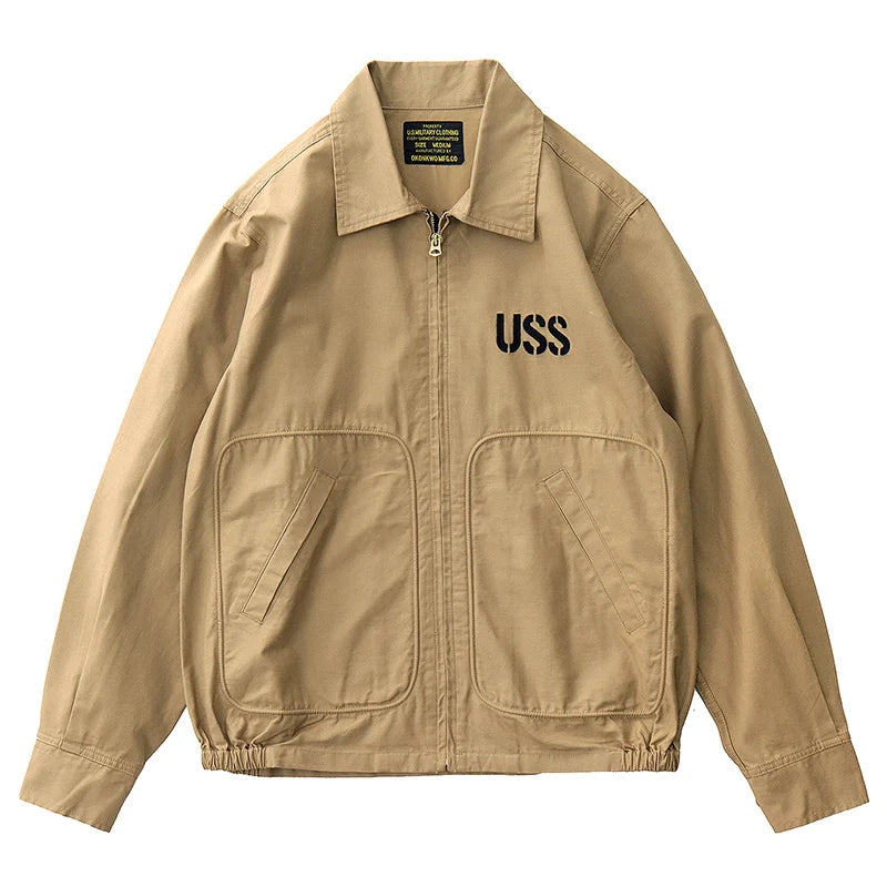 Autumn New American Retro Twill Embroidery Cargo Deck Jacket Men's Fashion 100% Cotton Washed Multi-pockets Casual Loose Coat