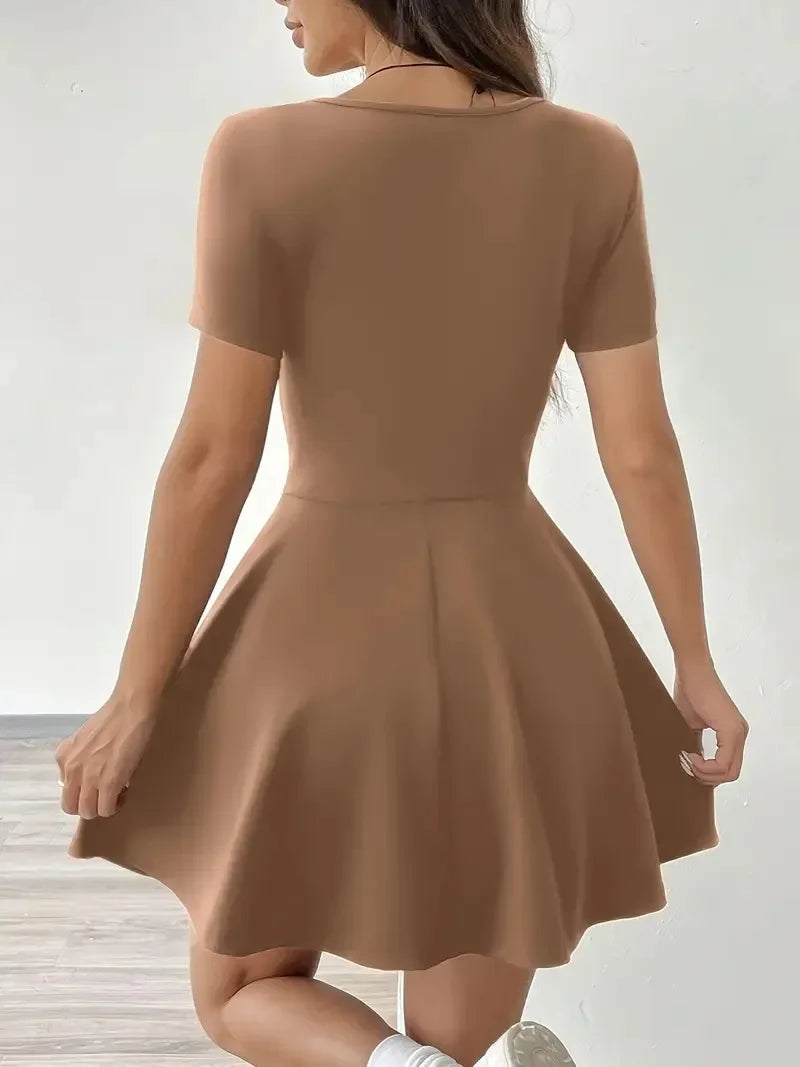 Summer 2025 Brown Knitted Short Casual Dress Mini Skirt Length Polyester Fiber Square Collar Empire Waistline Regular Sleeve