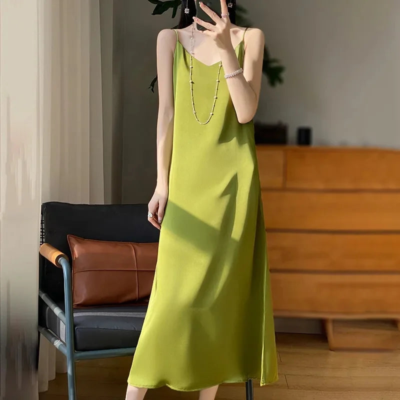 Silk V-neck Slim-fit Satin Dress Sexy Strap Long Gown for Women New 2025 Spring Summer Inner Wear Dress Elegant Lady Dress