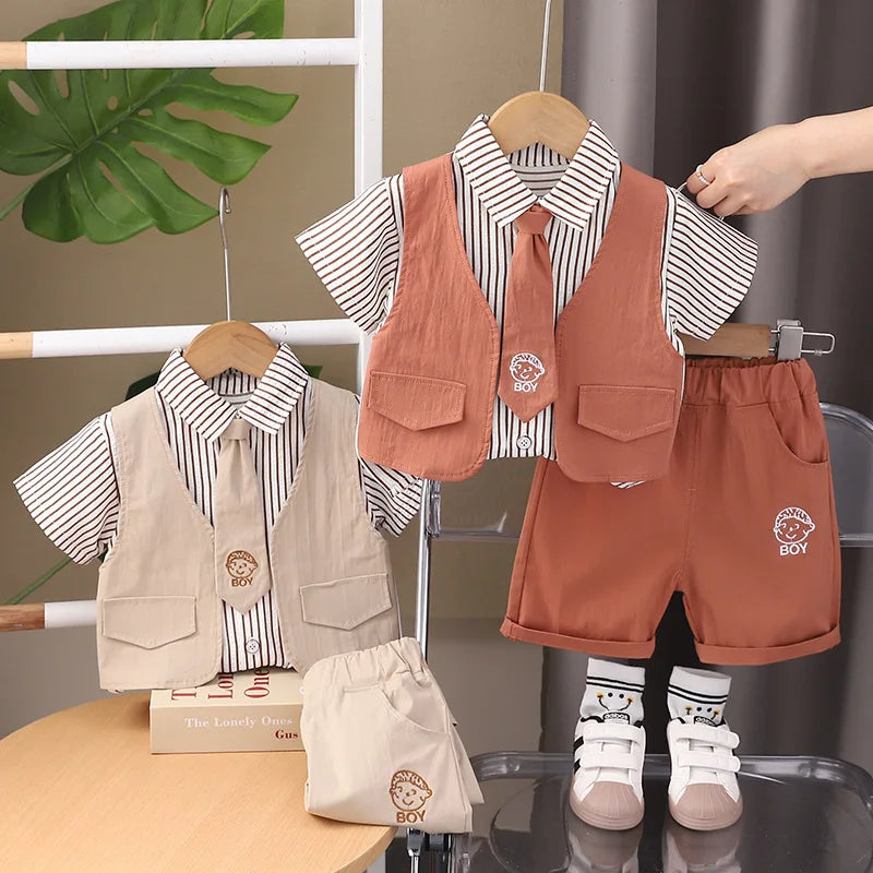 Toddler Summer 1st Birthday Boy Outfit 2024 Korean Style Striped Turn-down Collar Short Sleeve Shirts + Shorts Boys Clothes Sets