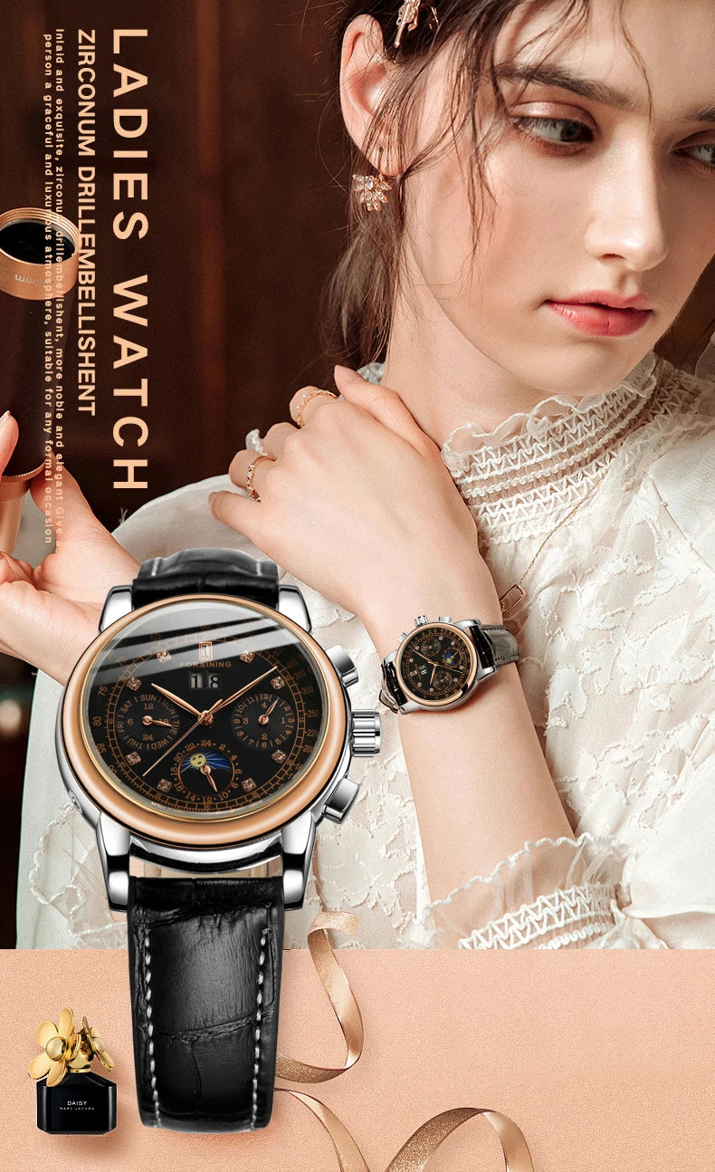 Forsining Fashion Ladies Stainless Steel Case Moon Phase Mechanical Watch Women's Multifunctional Diamond Dial Automatic Clock
