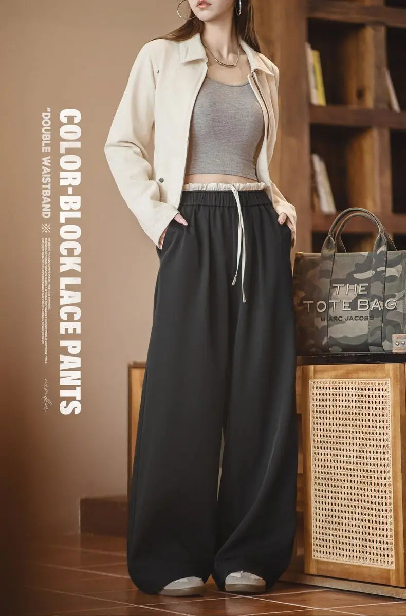 Maden Women's Wide Leg Patchwork Pants Black Elastic Waist with Drawstring Trousers Breathable Office Dress Pants for Summer