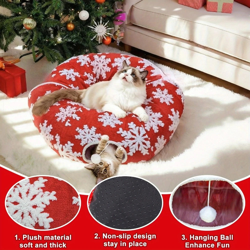 Round Donut Cat Beds Christmas House Soft Plush Pet Mat for Puppy Cushion for Cats To Hide 2 in 1 Tunnel Cats Sleeping Sofa Noel