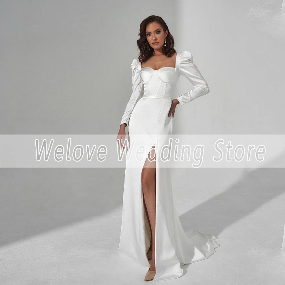 Civil Long Puff Sleeve Mermaid Wedding Dress Sweetheart Side Slit Beach White Satin Bridal Gown For Bride Corset Robe De Mariee