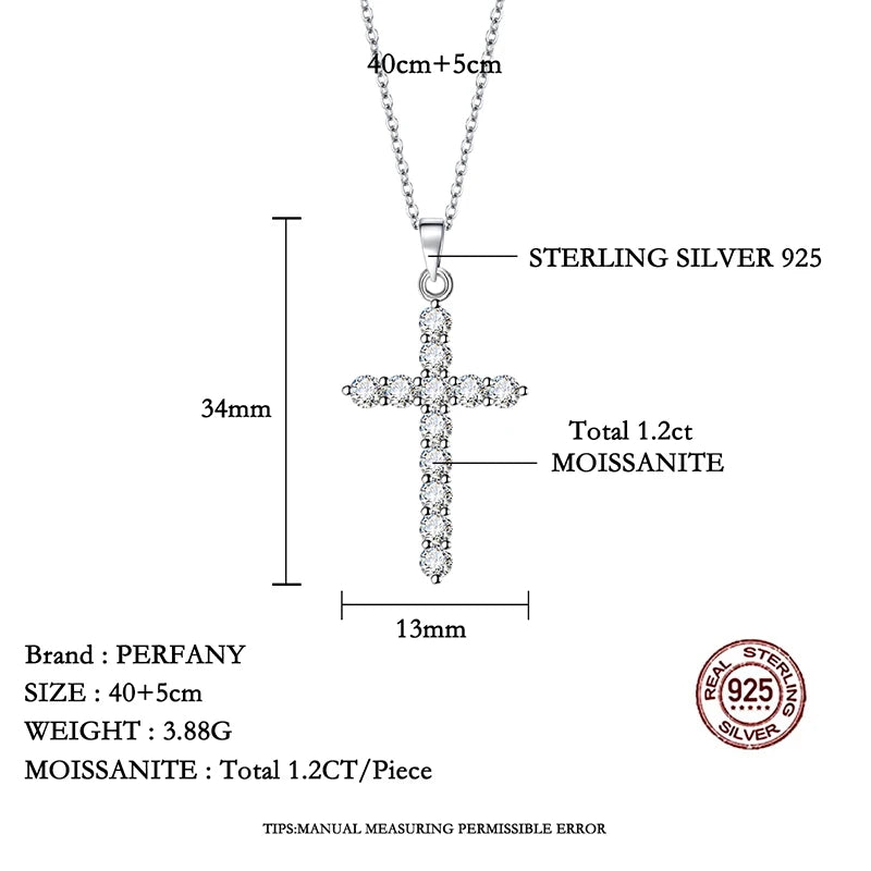 PERFANY All Moissanite Necklace for Women S925 Pure Silver Cross Design Pendant Laboratory Certified Diamond Fashion Jewelry