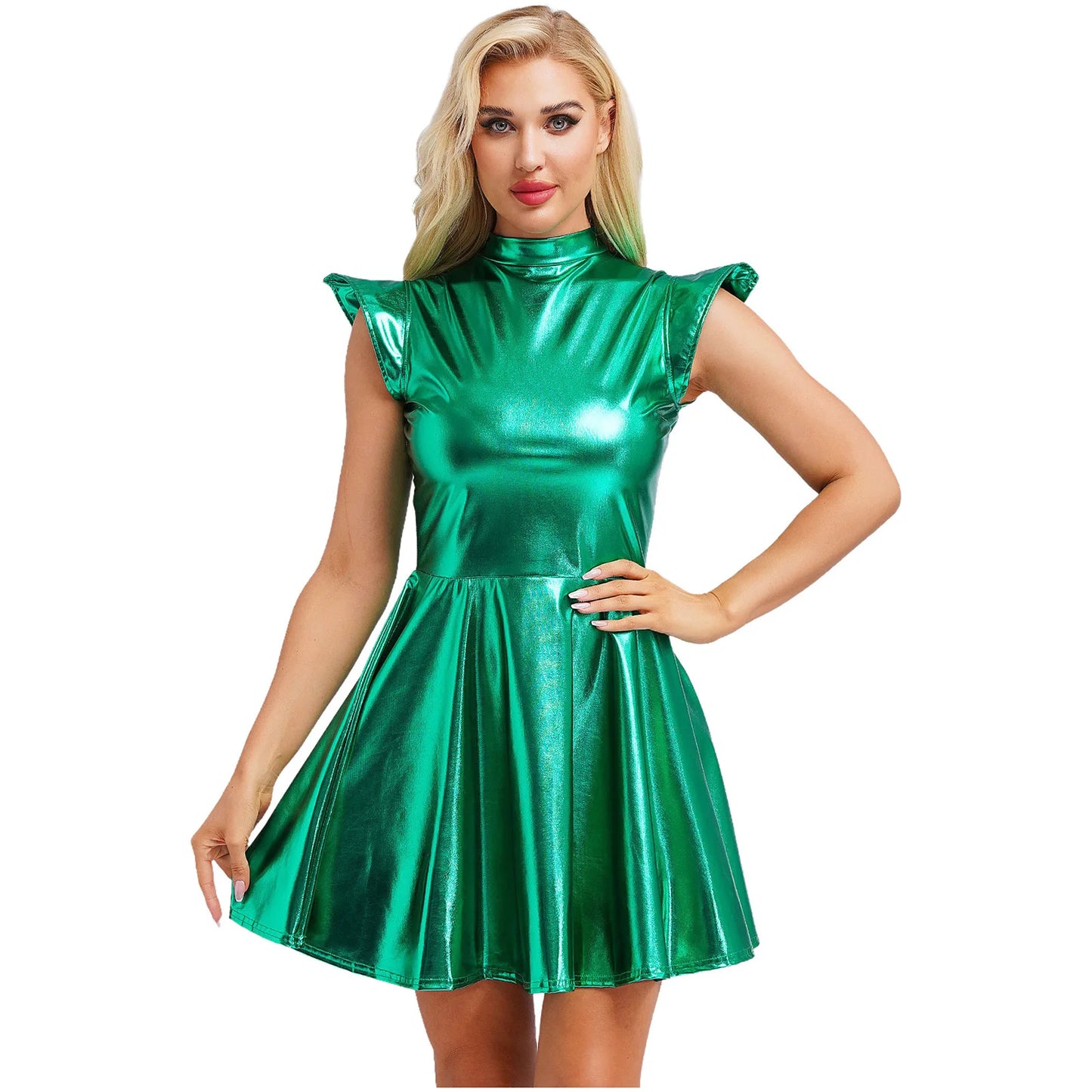 Womens High Waist A-line Dress Shiny Metallic Mock Neck Cap Sleeve Dress Modern Pole Dance Rave Party Bar Club Wear Street Wear