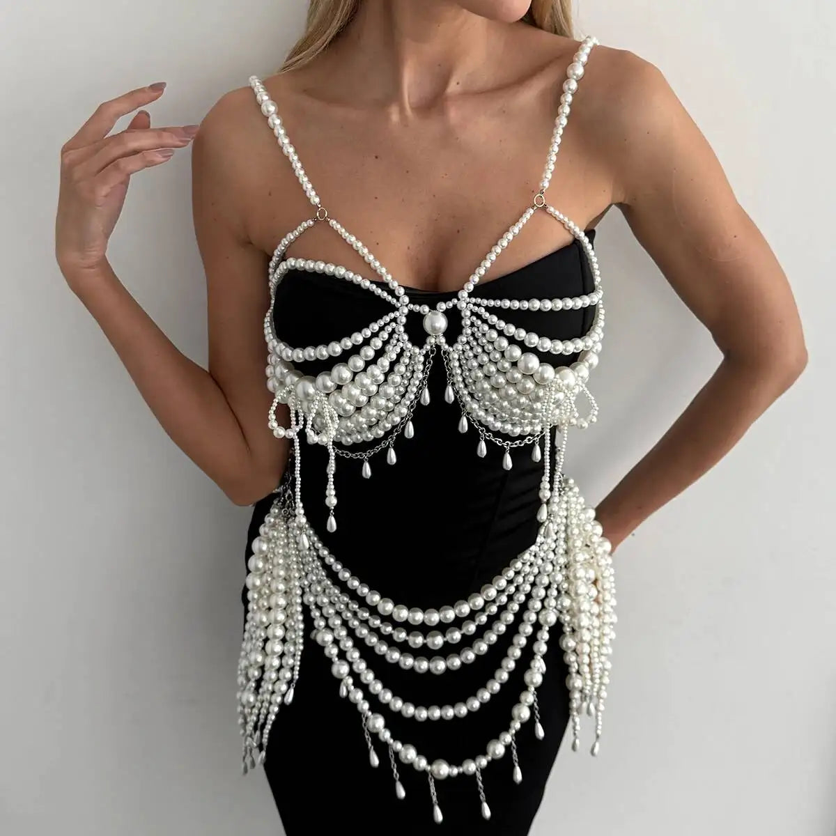 SHIXIN Elegant Multi-layer Imitation Pearl Body Chain for Women Luxury Strap Bralette Chest Chain Waist Chains Wedding Jewelry
