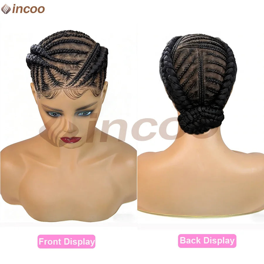Synthetic Handmade Bantu Braided Wigs Full Lace Cornrow Braids Full Lace Wigs Bun Box Braids Wigs With Baby Hair For Women 12''