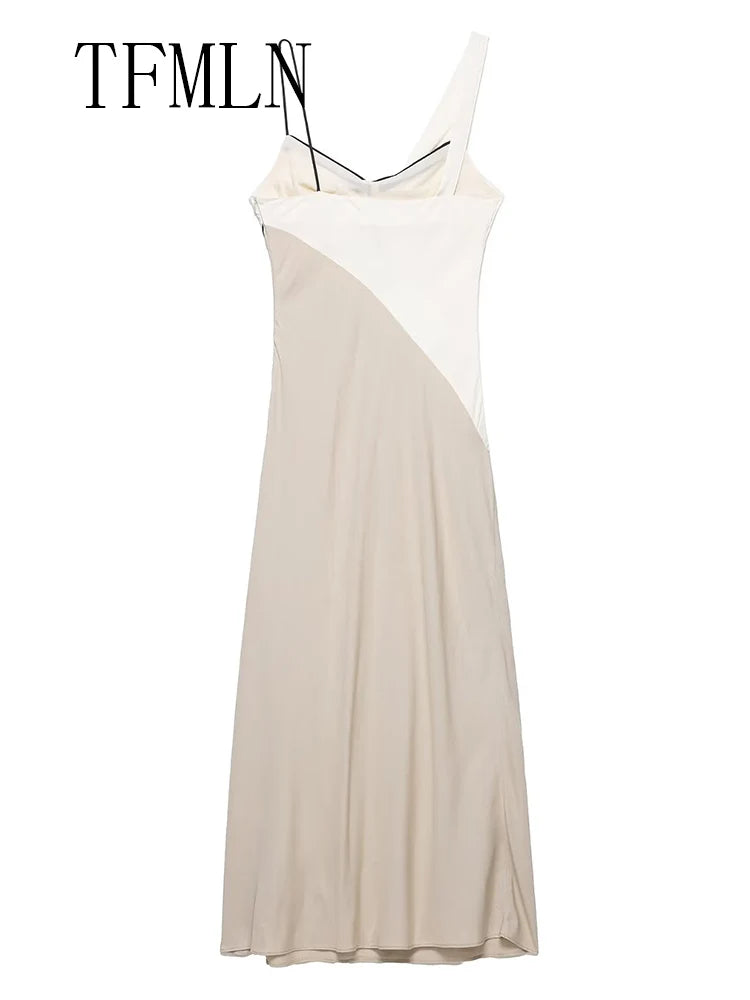 TFMLN Elegant Women Patchwork Slim Strap Dress 2025 Summer Pile Collar Sleeveless Beach Party Dress Sexy Asymmetrical Midi Dress