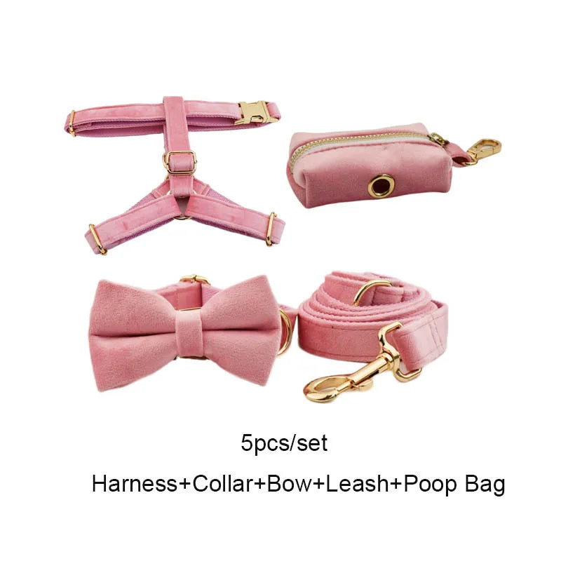 Pink Velvet Dog Collar And Leash Set For Small Medium Large Dogs Custom Engraved Nameplate Pet Supplies Dog Leash Velvet 01