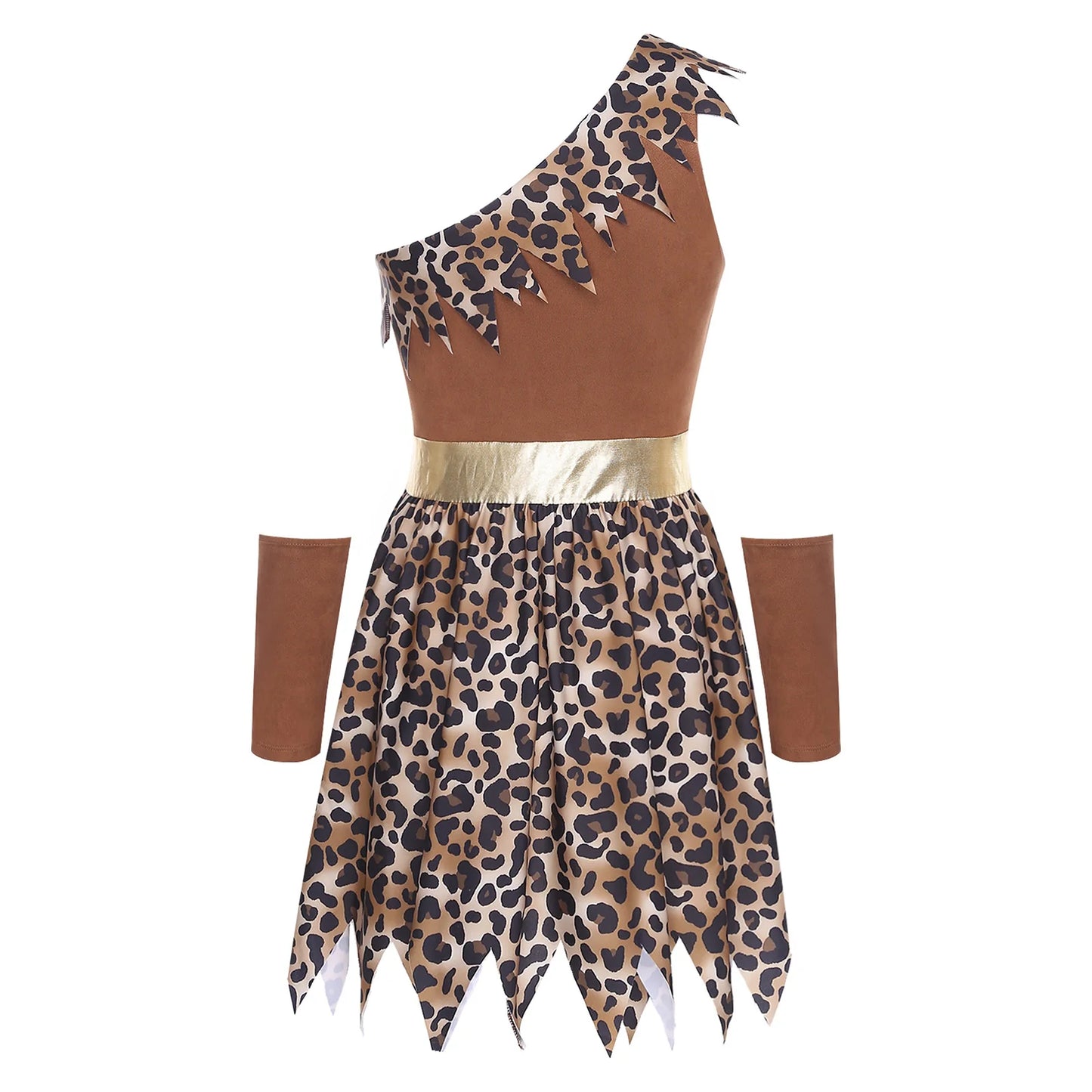 Women Halloween Prehistoric Cave Girl Costumes Print One Shoulder Jagged Hem Dress and Oversleeve for Role Play Theme Party