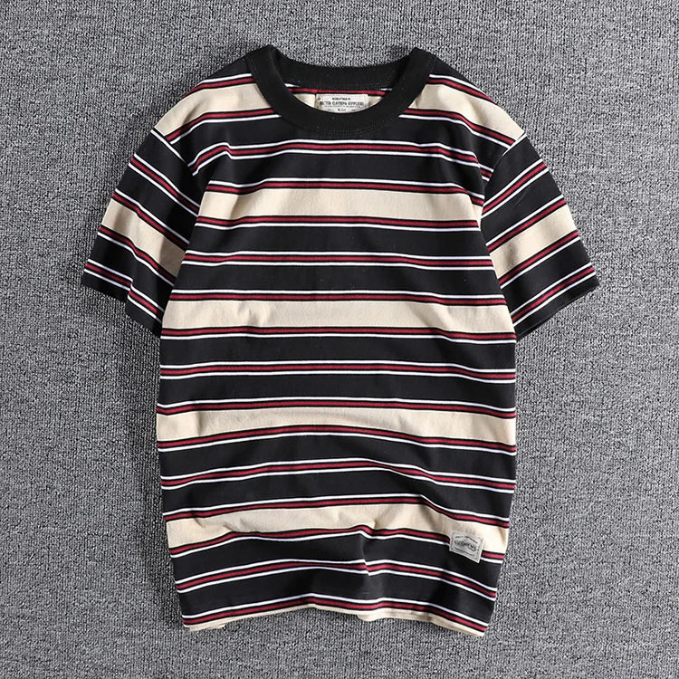 Summer Splicing Pure Cotton Stripe Short Sleeve T-shirt Streetwear Amekaji Heavyweight Casual Male Round Neck Tshirt Tops Tee