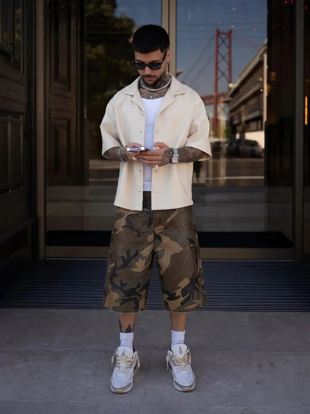 Python Camo Print Retro Cowboy Denim Shorts High Street Hip Hop Middle Pants High Waist Straight Tube Loose Five Point Shorts