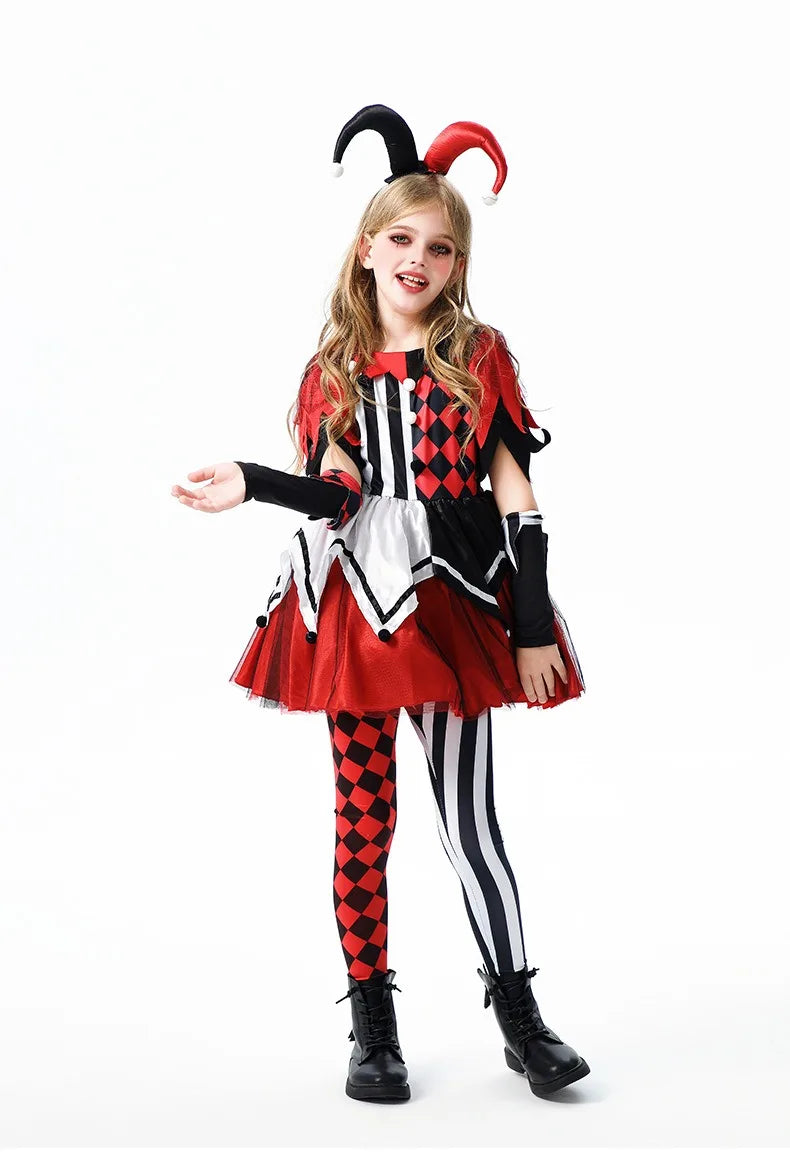 Halloween Cosplay Costumes Horror Clown Dresses Pants Headwear Clothes Sets Carnival Theme Party Role Playing Outfits for Girls