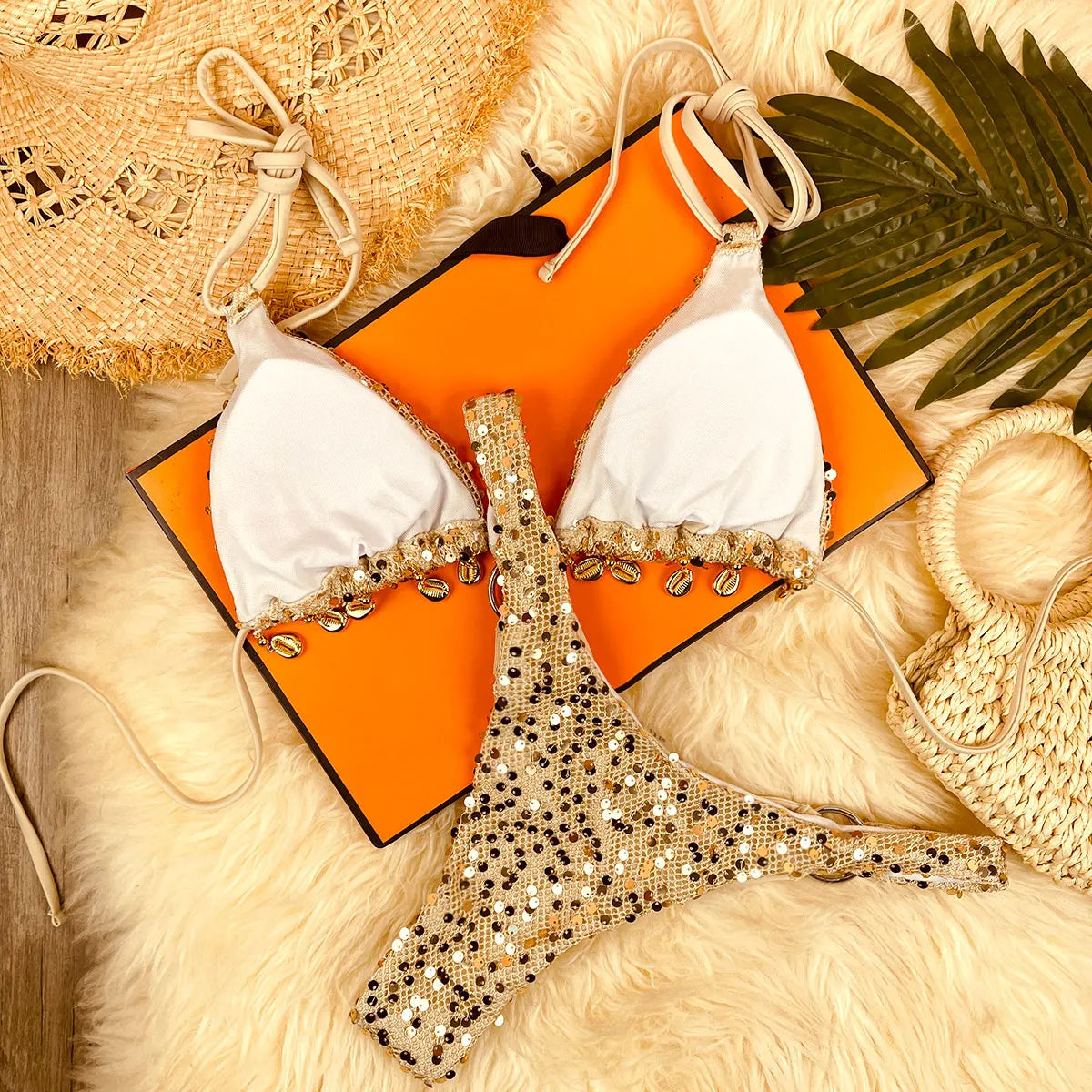 DGTQYQ 2026 New Summer Lady Holiday Beach 2pc Bikini Set Sparkle Shells Bikinis Women Inspired Swimwear Designer Ties Swimsuit