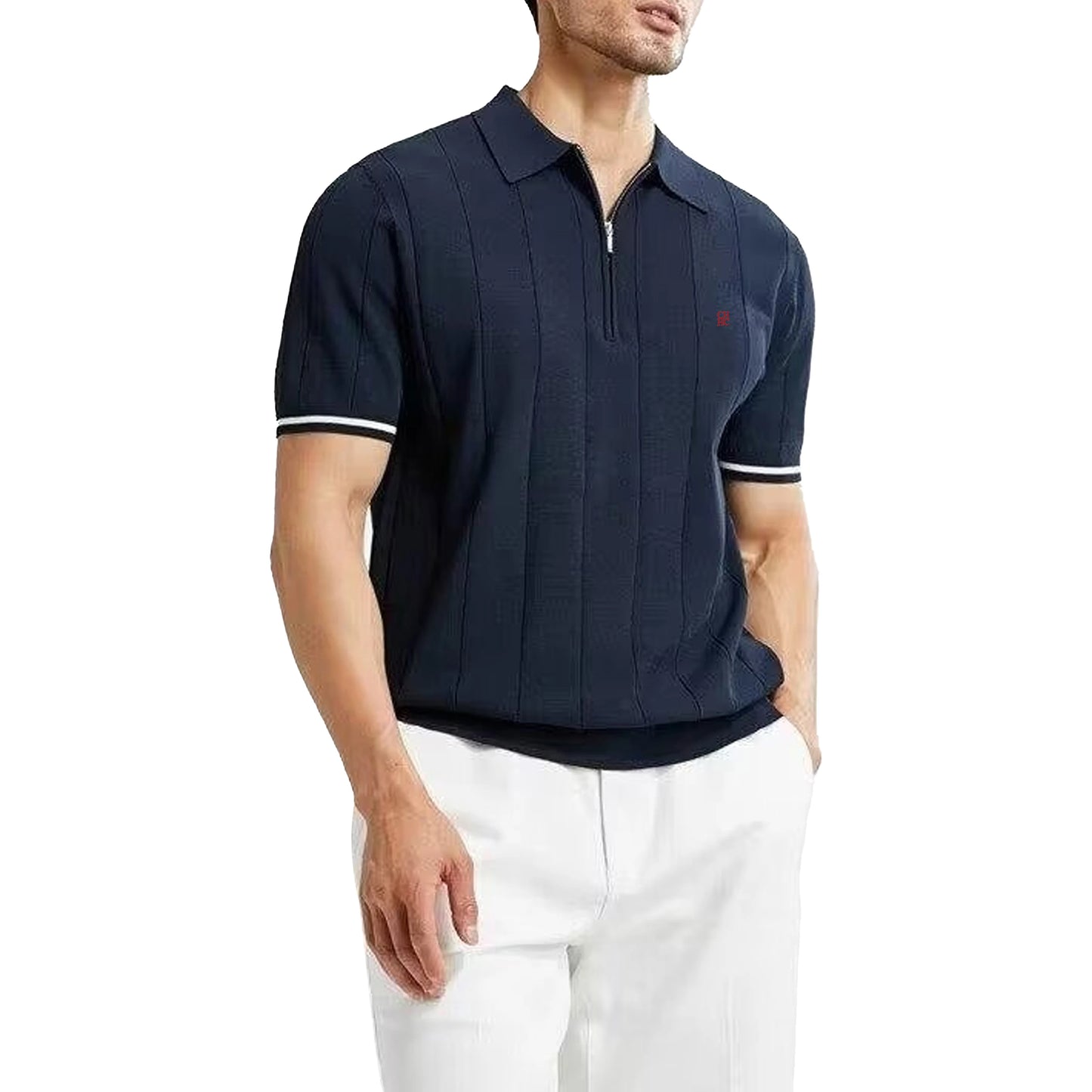 CH Luxury Men Turn Down Collar Knit Polo Half Zipper Vertical Texture Red Logo Embroidery Summer Male Business Gentleman Tee