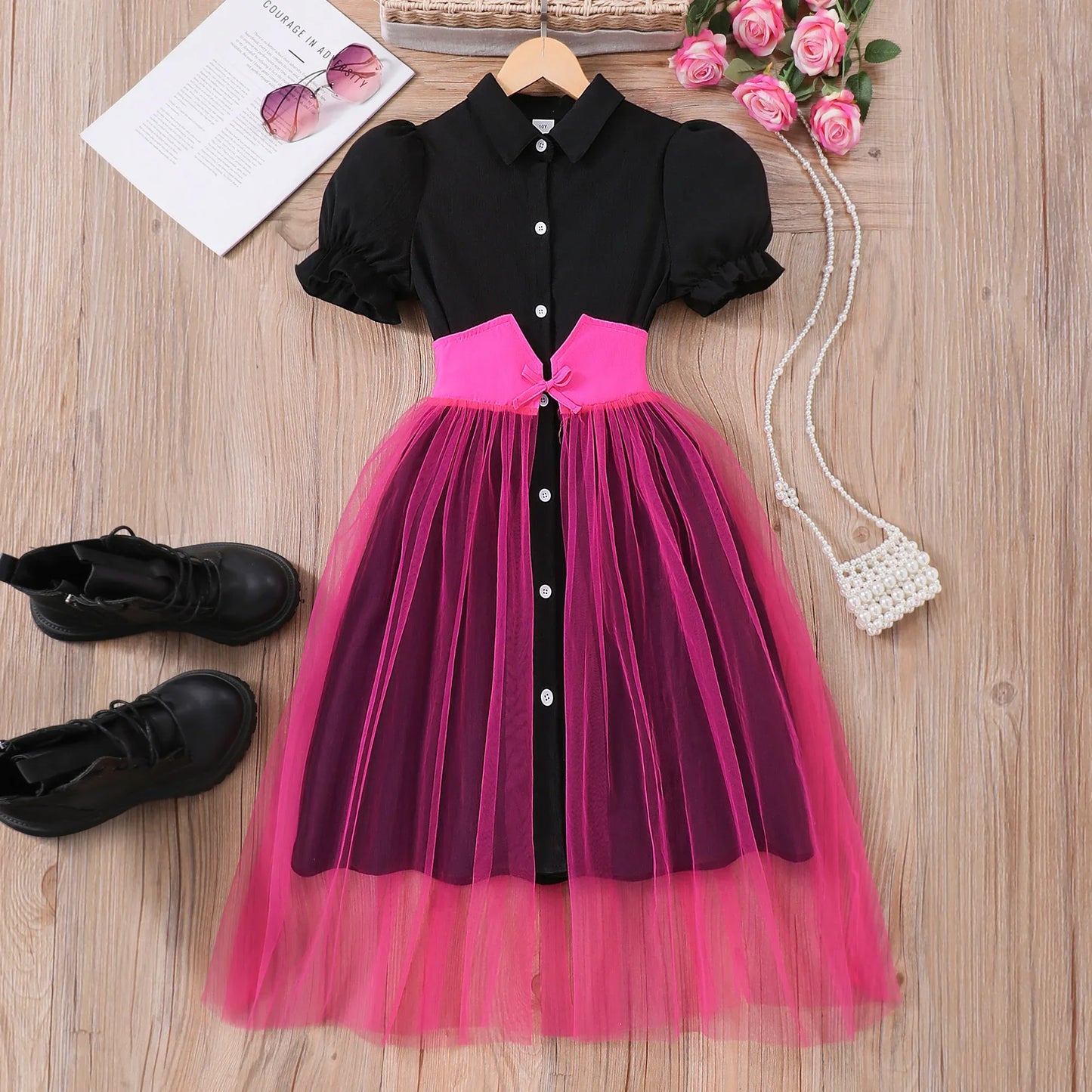 Teen Girl Dress Summer Pink Retro Short Sleeve Children Dresses Fashion Girl Costume Party Big KIds Outfit 7 8 9 10 11 12Yrs