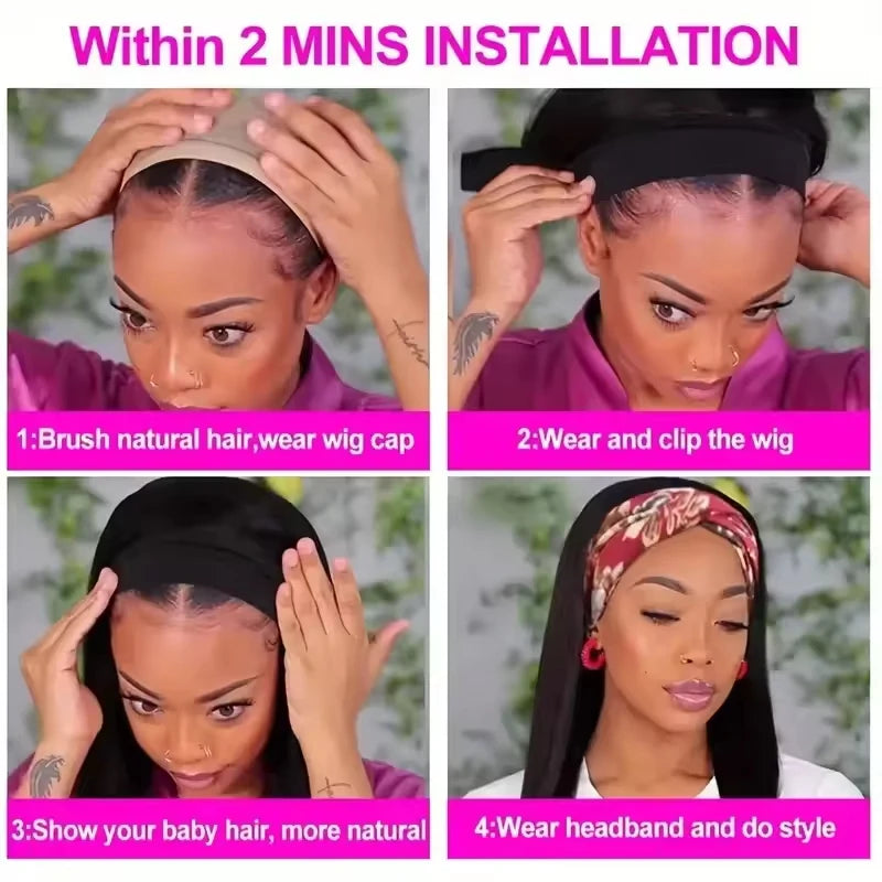 230 Density Headband Wigs Human Hair Straight Short Bob Glueless Wigs Human Hair Easy Put On And Go Bob Wig 8-16 Inch For Women