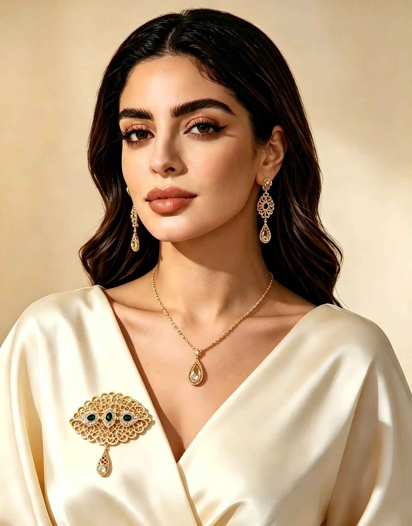 Moroccan Gold Jewelry Set Filigree Pendant Necklace Earrings Brooch For Women Arabic Wedding Party Zinc Alloy Ornament Gift