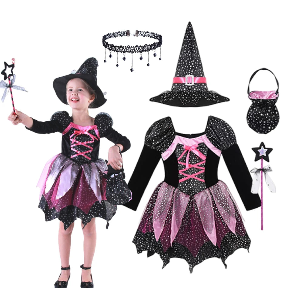 2026 Girls Halloween Cosplay Witch Dress With Hat Bag Costume Carnival Vestidos Kids Party Cosplay Dress Children Costume