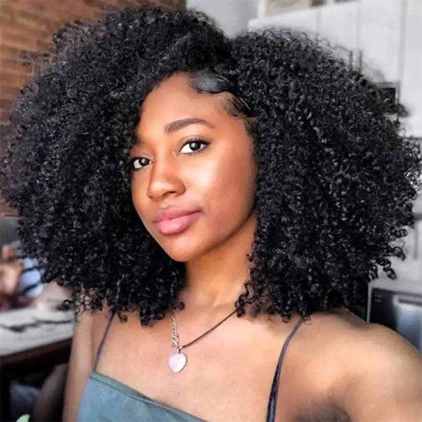 Mongolian Afro Kinky Curly Human Hair Wig Bob With Bangs For Black Women 180% 250% Density Brazilian Remy Full Machine Made Hair