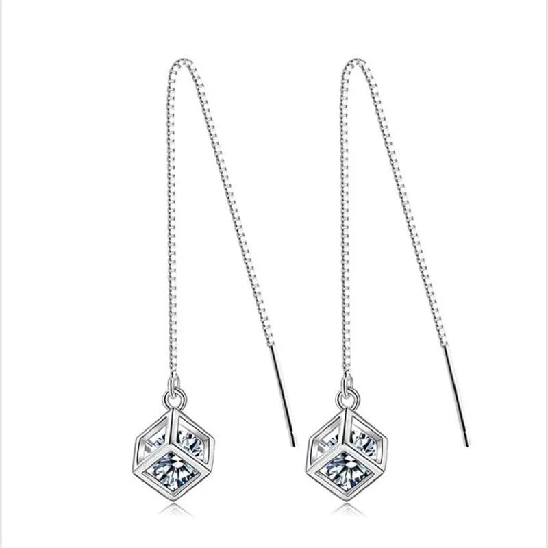 925 Sterling Silver Long Tassel Crystal Square Cube Zirconia Drop Earrings For Women Girs Sterling-silver-jewelry Pendiente