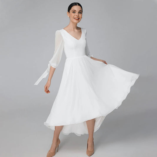 Ivory Wedding Dress Asymmetrical V Neck A Line Midi Wedding Gown for Women 2023 Bride 3/4 Sleeves High Low Simple Bridal Dress