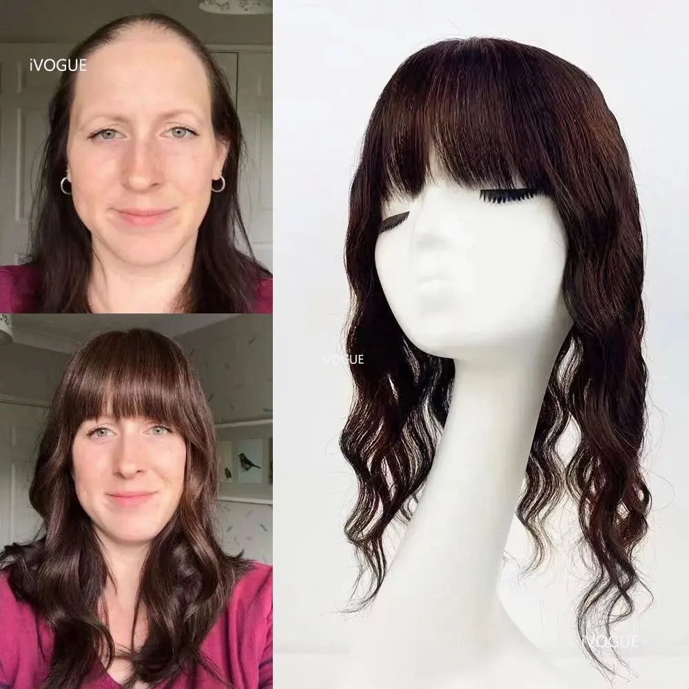 15x16cm Virgin European Human Hair Topper Hair Piece Clips in Loose Wave Silk Top Base Topper with Bangs for Thinning Hair Women