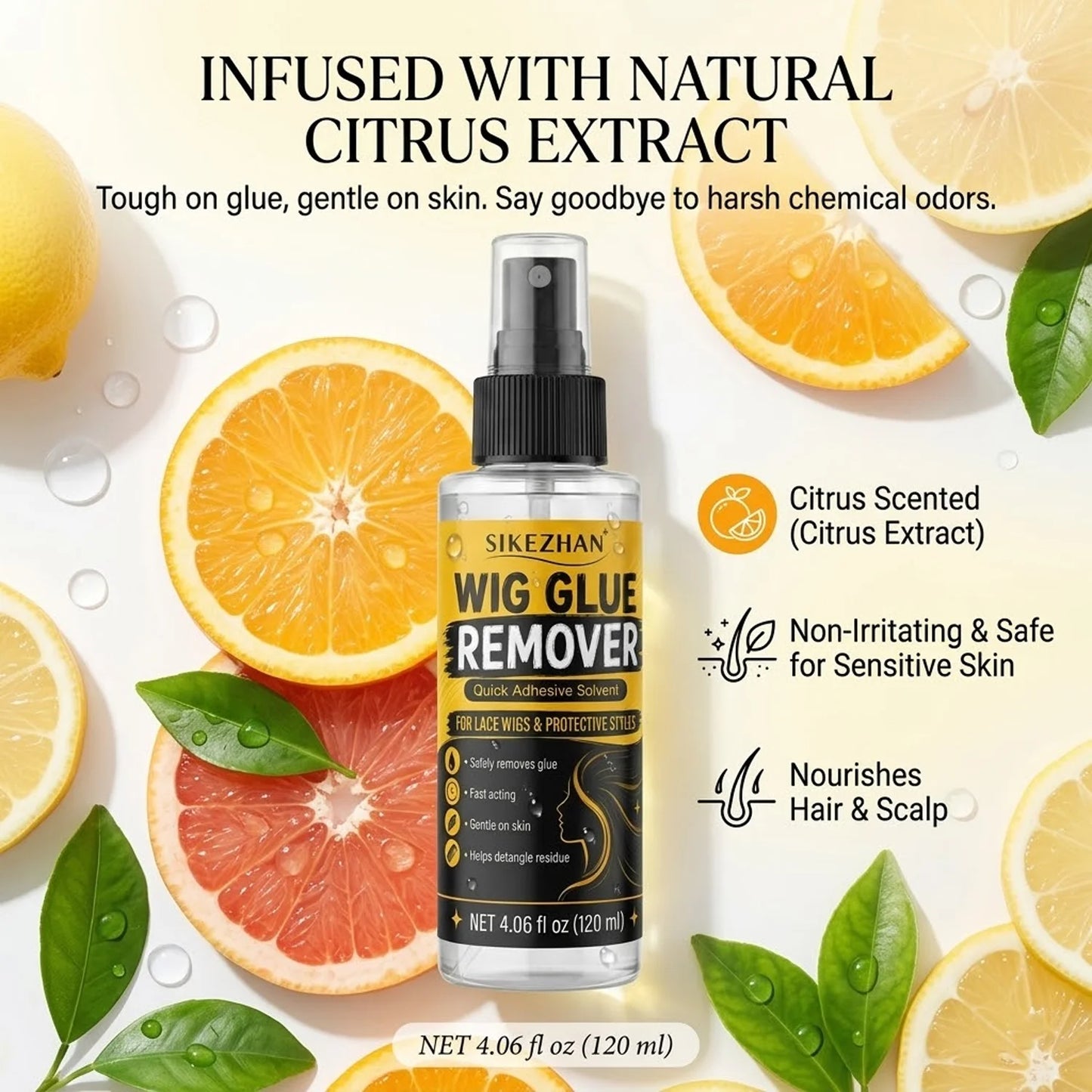 SIKEZHAN 120ml Wig Glue Remover Gentle Citrus Lace Adhesive Solvent Spray with Precision Tip for Toupee Hair Extension Tape