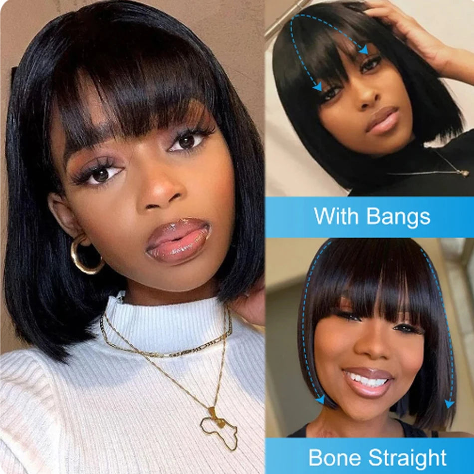 Straight Human Hair Wigs With Bangs Fringe 3X1 Part Lace Bob Wigs Realistic Scalp Brazilian Straight Virgin Bob Wigs With Bangs