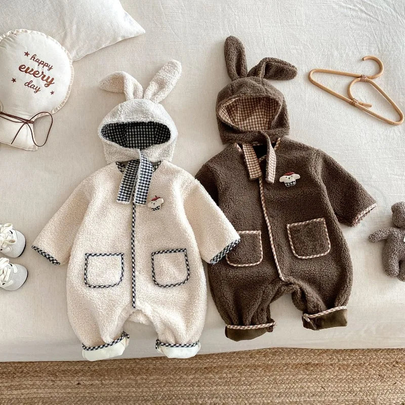 New Autumn Winter Baby Girl Boy Romper with Bunny Hat Cute Pocket Design Warm Infant Long Sleeve One-Piece Jumpsuit B5066