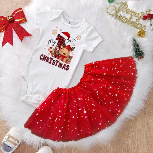 My First Christmas Baby Romper & Tutu Set Deer Print Girls Outfit Infant Baptism  Bodysuit Dress Xmas Outfits Skirt 2pcs