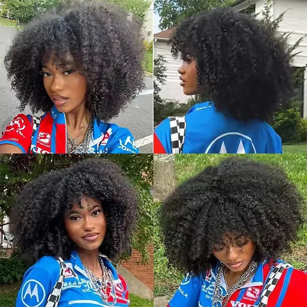 Mongolian Afro Kinky Curly Human Hair Wig Bob With Bangs For Black Women 180% 250% Density Brazilian Remy Full Machine Made Hair