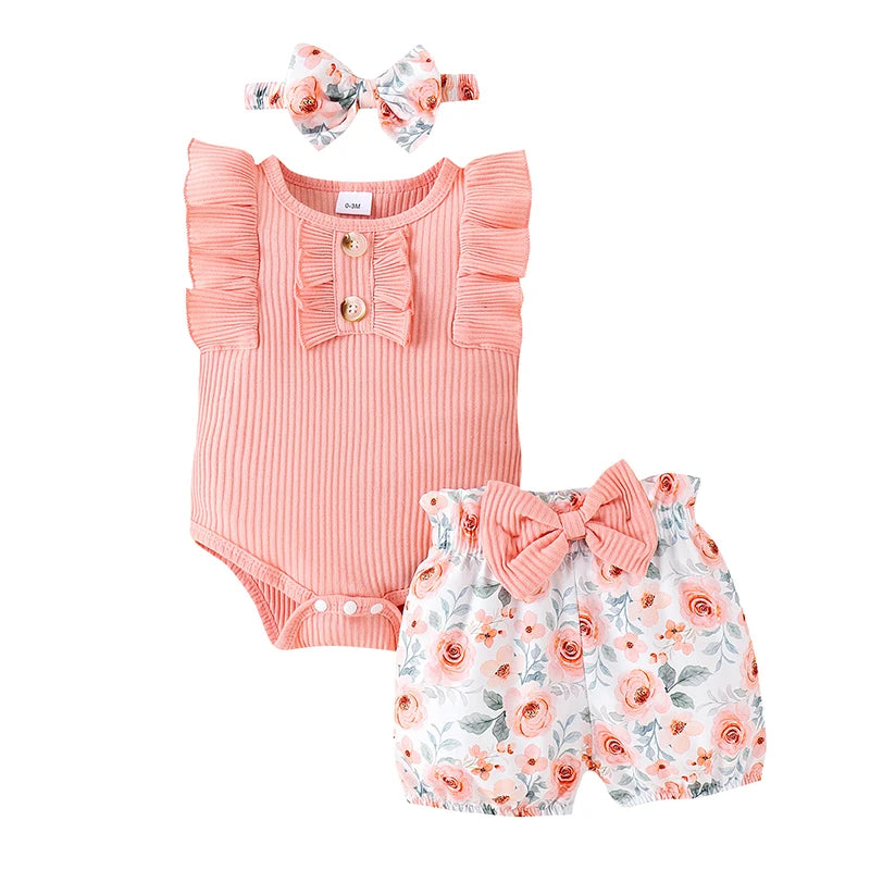 Baby Girl Summer Set Sleeveless Frill Trim Ribbed Romper Elastic Waist Shorts Bow Headband Infant Toddler 3 Piece Outfit
