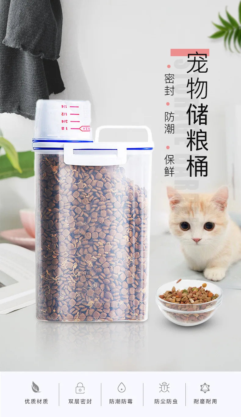 Dog Cat Food Pail Plastic Storage Tank with Measuring Cup Container Moisture-proof Sealed Jar Pet Supplies Accessories