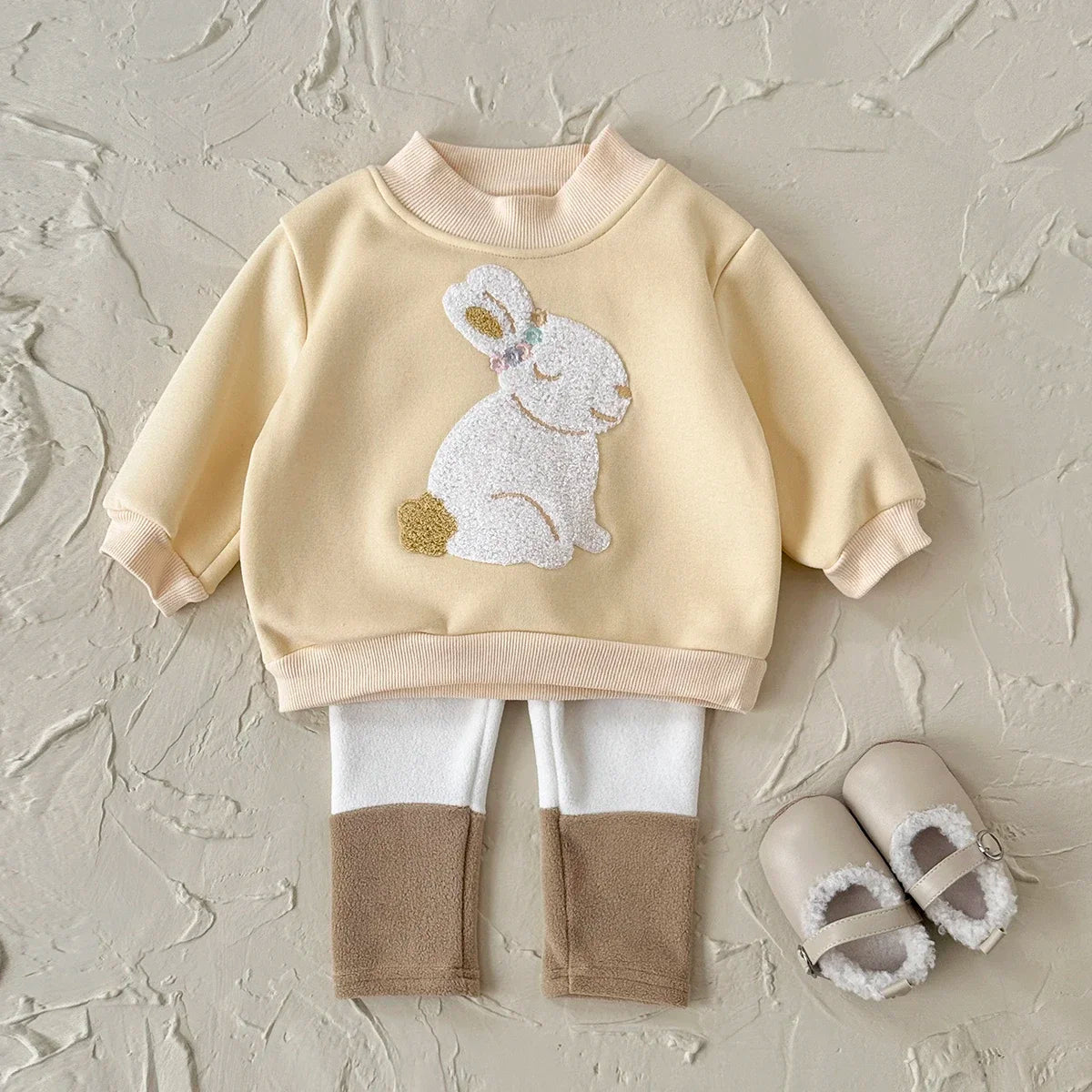 Baby Girl Cute Rabbit Pattern Embroidery Long Sleeved O-neck Sweatshirt+casual Simple Pants Set Autumn Winter Thickened Set