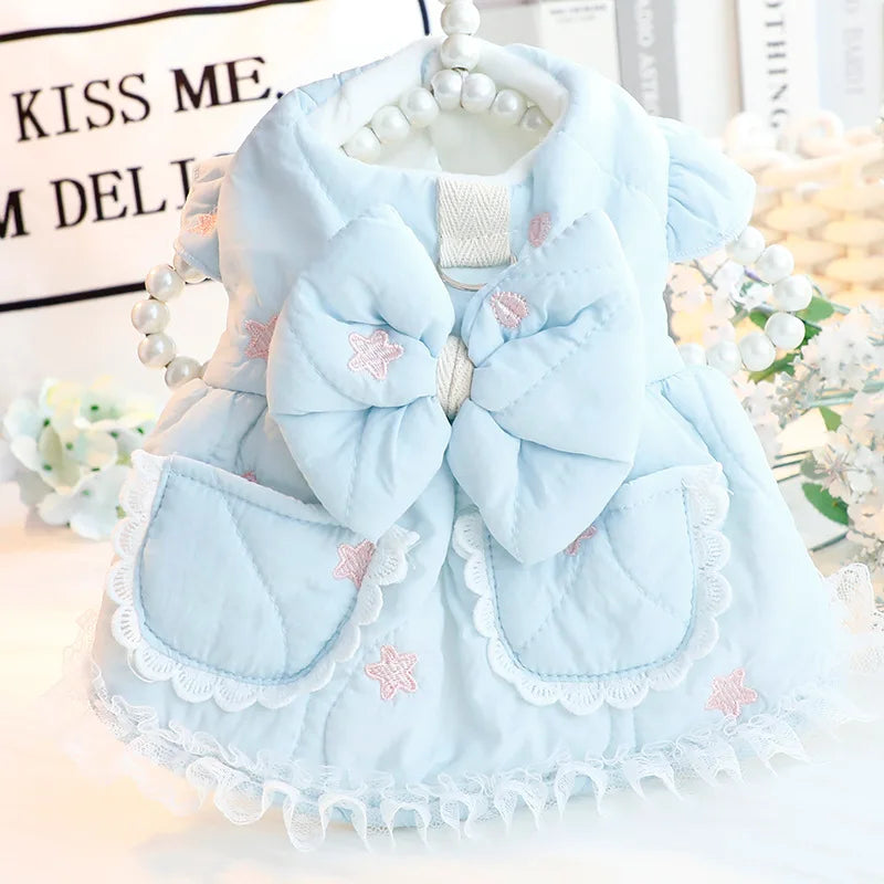 Autumn Winter Dog Clothes  Thick Cotton-padded Princess Pet Dress Coat with Embroidery for Small Dogs & Cats
