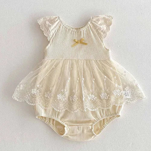2025 New Summer Korean Style Climbing Suit Flying Sleeve Cotton Lace Splicing Toddler Baby Girls Jumpsuit 0-24M Baby Clothing
