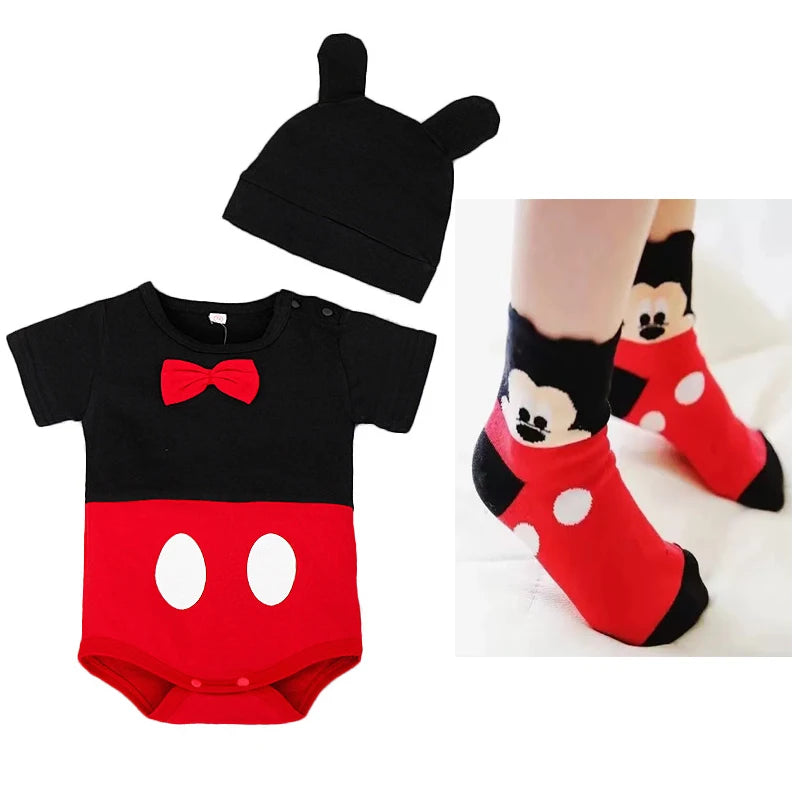 Summer Rompers Baby Boys Girls Newborn Romper Hat Short Sock 3 PCS Set Cartoon Minnie Mickey Infant Clothes Bebe Cotton Jumpsuit